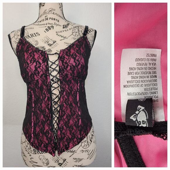 Y2K Pink Black Lace Overlaid Corset Top M Goth Ravewear Lace Up Romantic Fairy - Picture 1 of 8